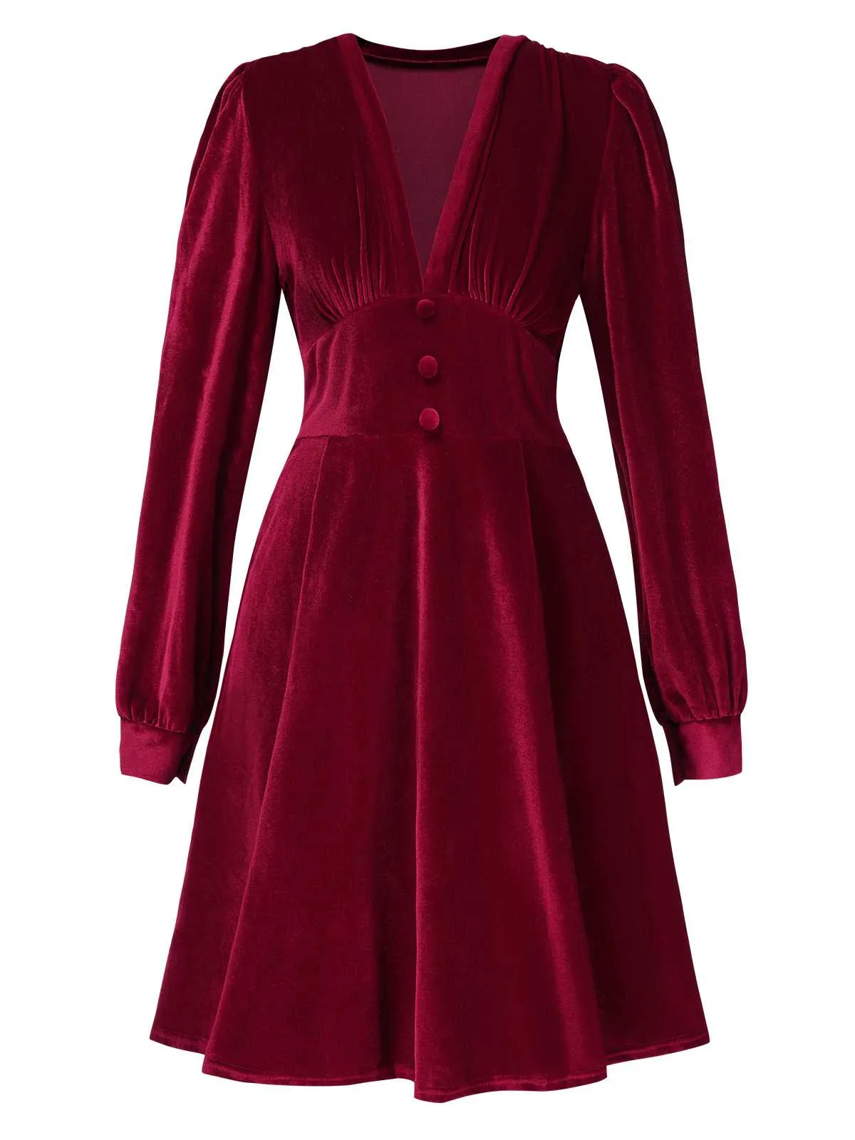 1950s Deep V-Neck Velvet Button Solid Dress