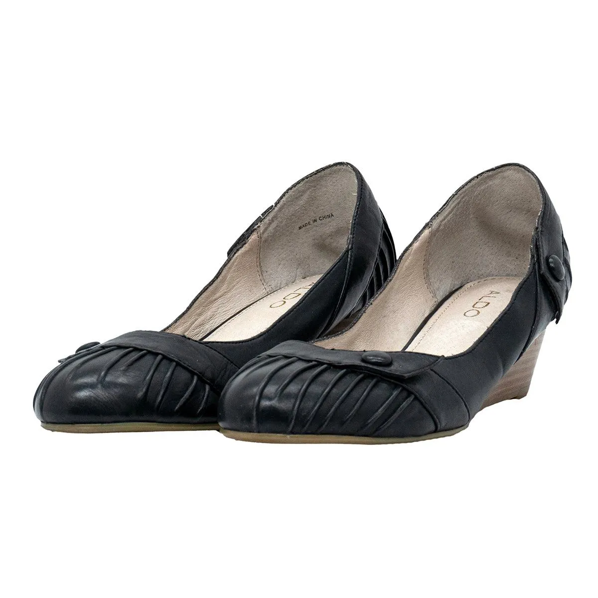 Aldo Pleated Wedge Shoes Leather Black Colour For Women