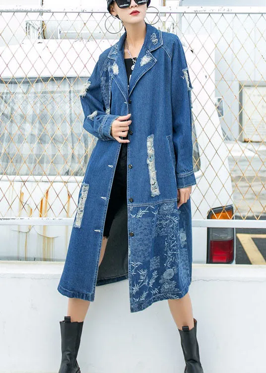 Beautiful Blue PeterPan Collar Button Pockets Print Hole Fall Long sleeve Trench Coat