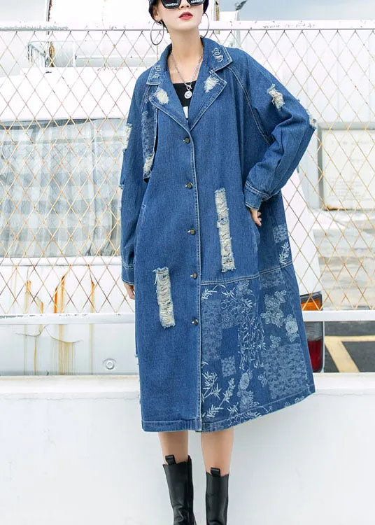 Beautiful Blue PeterPan Collar Button Pockets Print Hole Fall Long sleeve Trench Coat