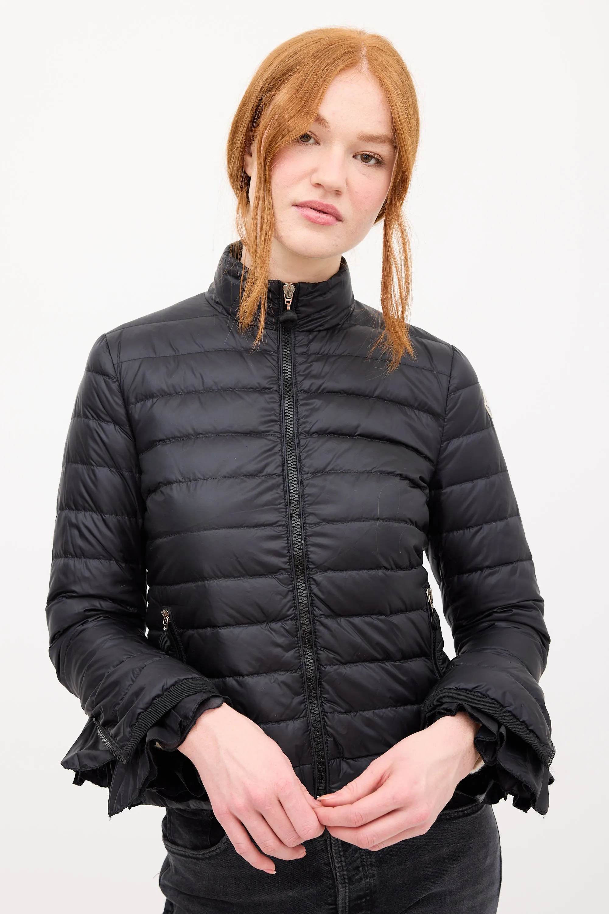 Black Down & Nylon Haru Ruffled Puffer Jacket