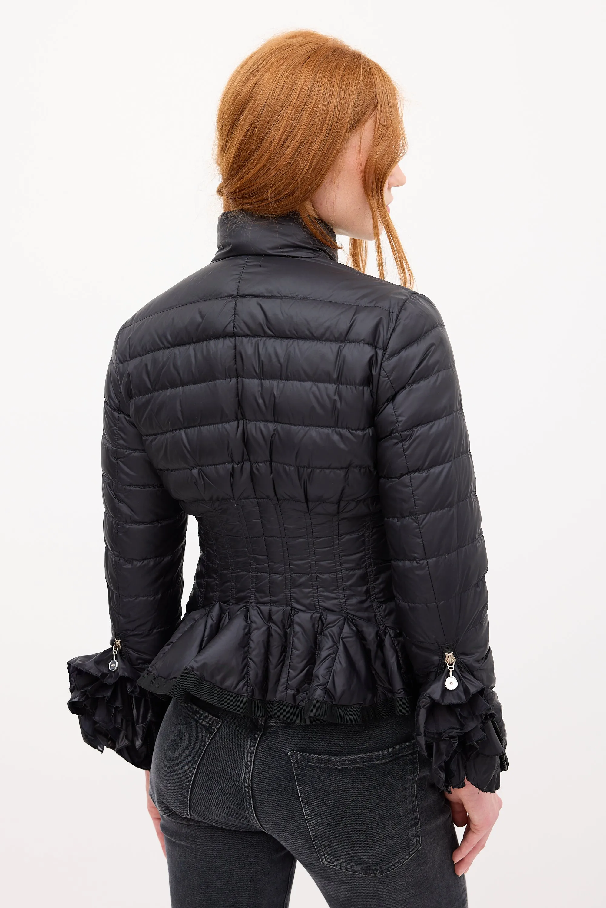 Black Down & Nylon Haru Ruffled Puffer Jacket