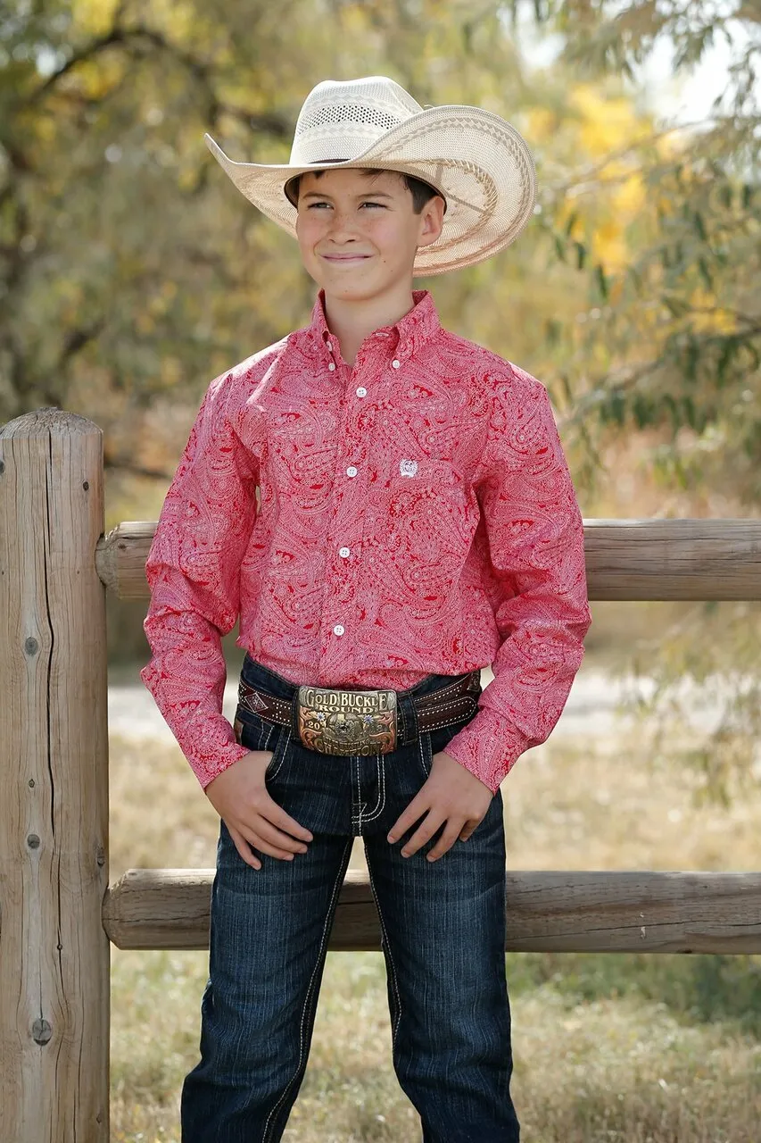 Cinch Boys Red and White Paisley Print L/S Shirt - MTW7060253