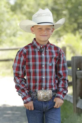 Cinch Boys Red, Blue and White Plaid Button Down L/S Shirt