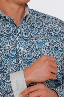 CINCH MEN'S PAISLEY PRINT BUTTON-DOWN WESTERN SHIRT- WHITE / BLUE