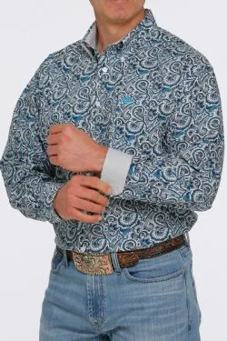 CINCH MEN'S PAISLEY PRINT BUTTON-DOWN WESTERN SHIRT- WHITE / BLUE