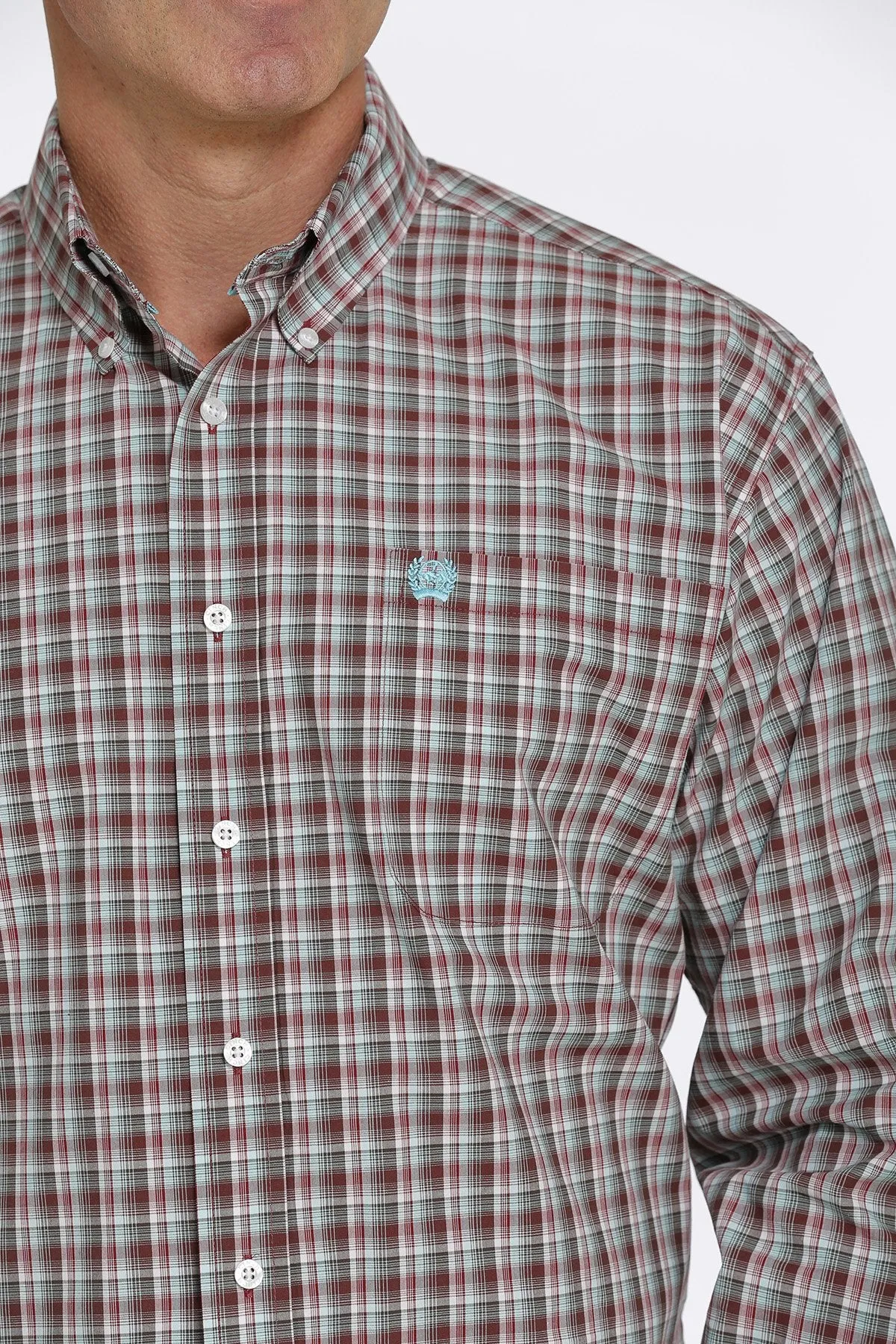 Cinch Mens Plaid Button Down Western Shirt - Burgandy/Aqua/Brown - MTW1105427