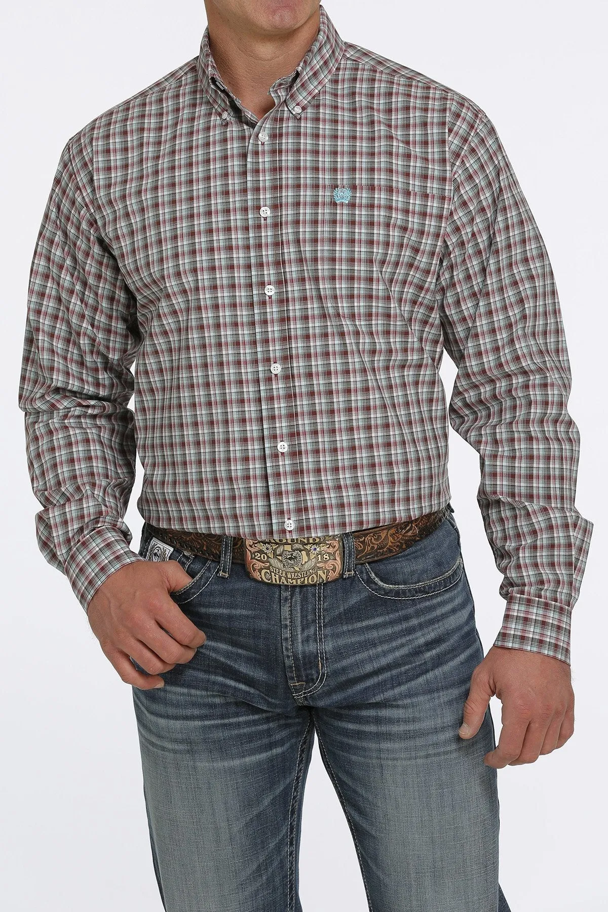 Cinch Mens Plaid Button Down Western Shirt - Burgandy/Aqua/Brown - MTW1105427