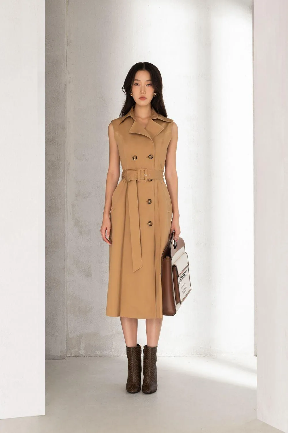 Delilah Straight Double Breasted Khaki Calf Length Trench Coat