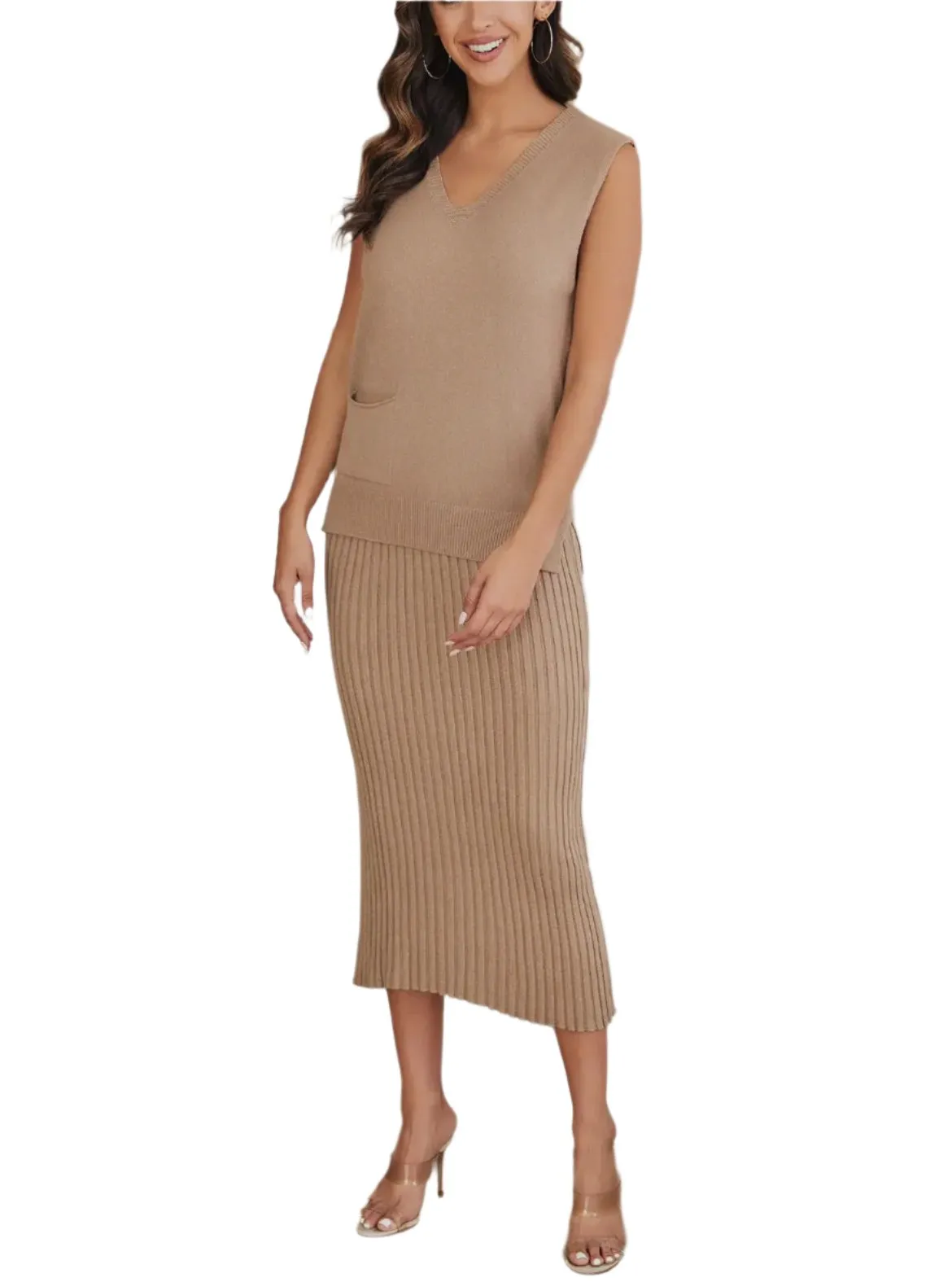 Drawstrings Rib Knit MIDI Skirt