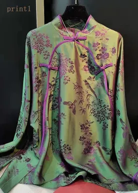 Elegant Green Stand Collar Patchwork Jacquard side open Silk Shirts Long Sleeved