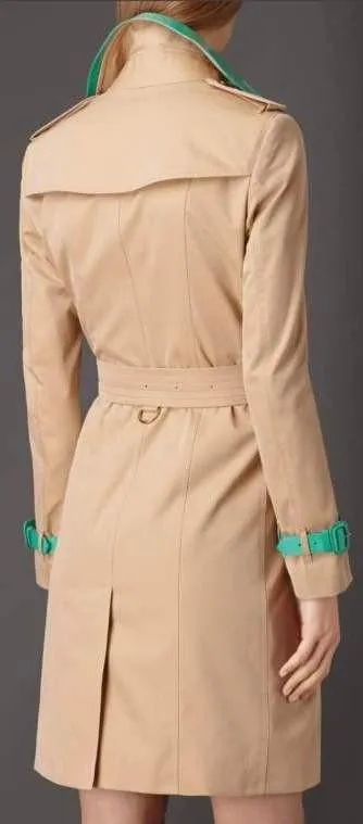 Faux-Leather Trim Trench Coat in Beige with Light Blue Trim