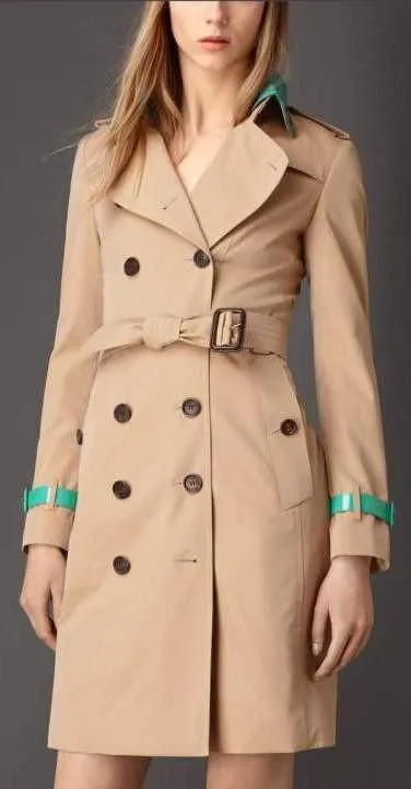 Faux-Leather Trim Trench Coat in Beige with Light Blue Trim