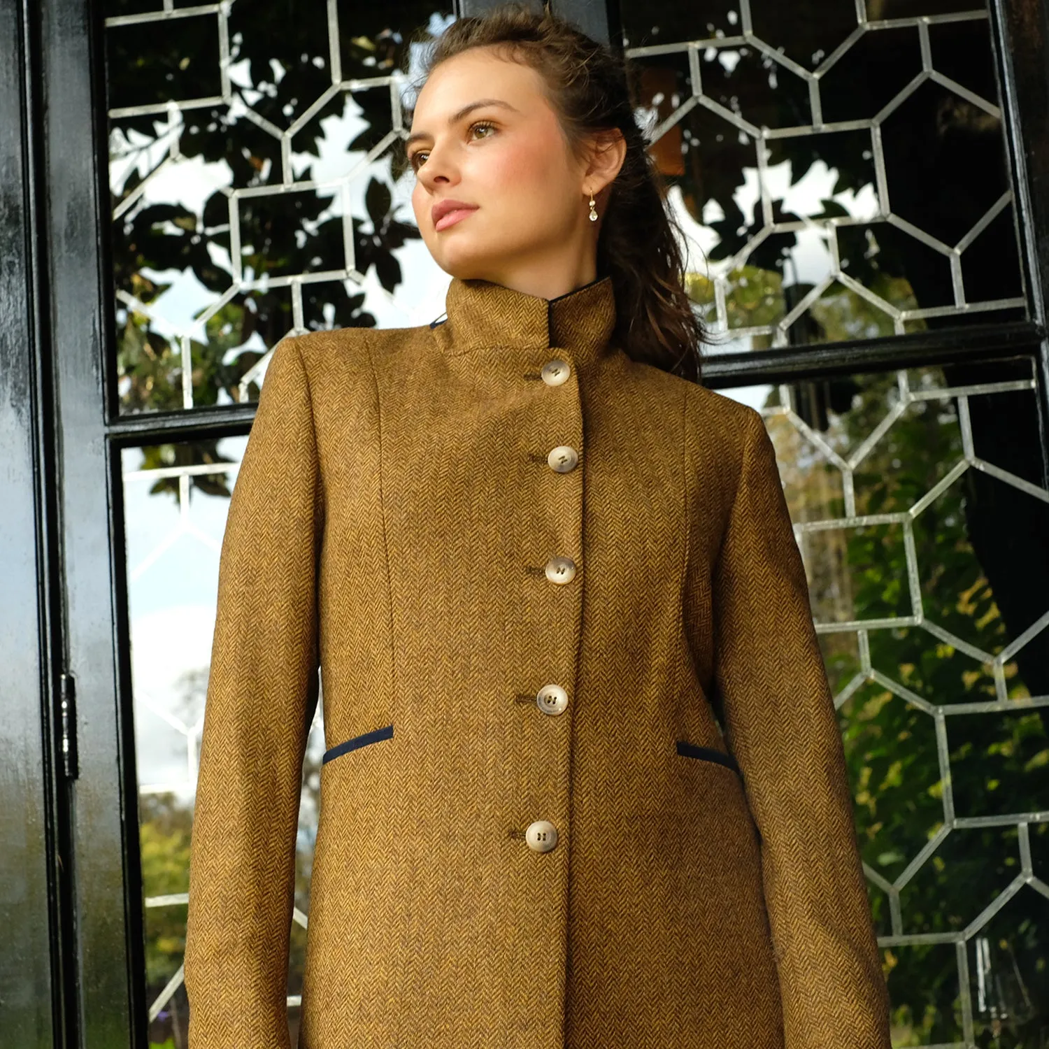 Fitted Tweed Coat in Mustard Herringbone