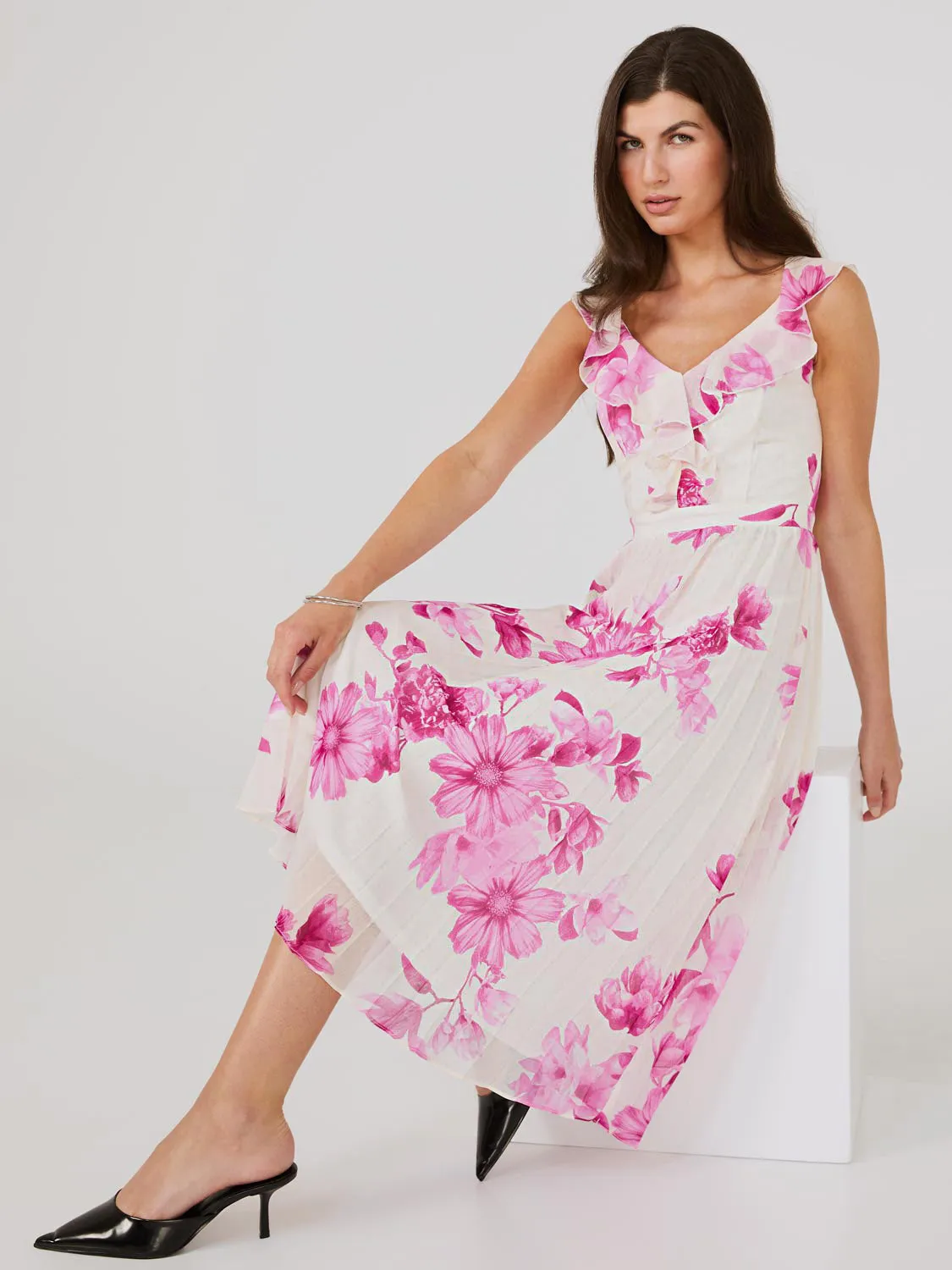 Floral Print Chiffon Ruffle Midi Dress