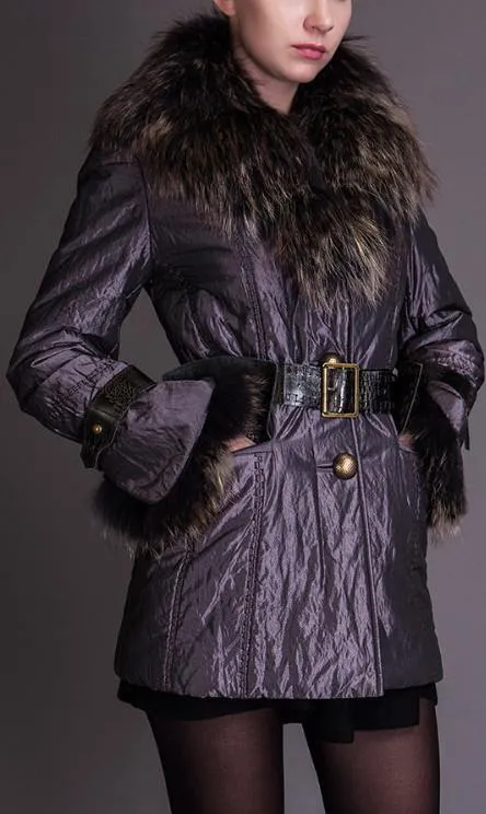 Fur-Collar Belted Short Down Coat, Purple