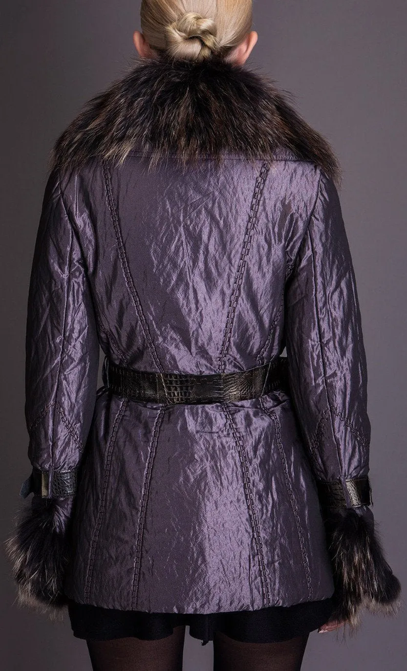 Fur-Collar Belted Short Down Coat, Purple