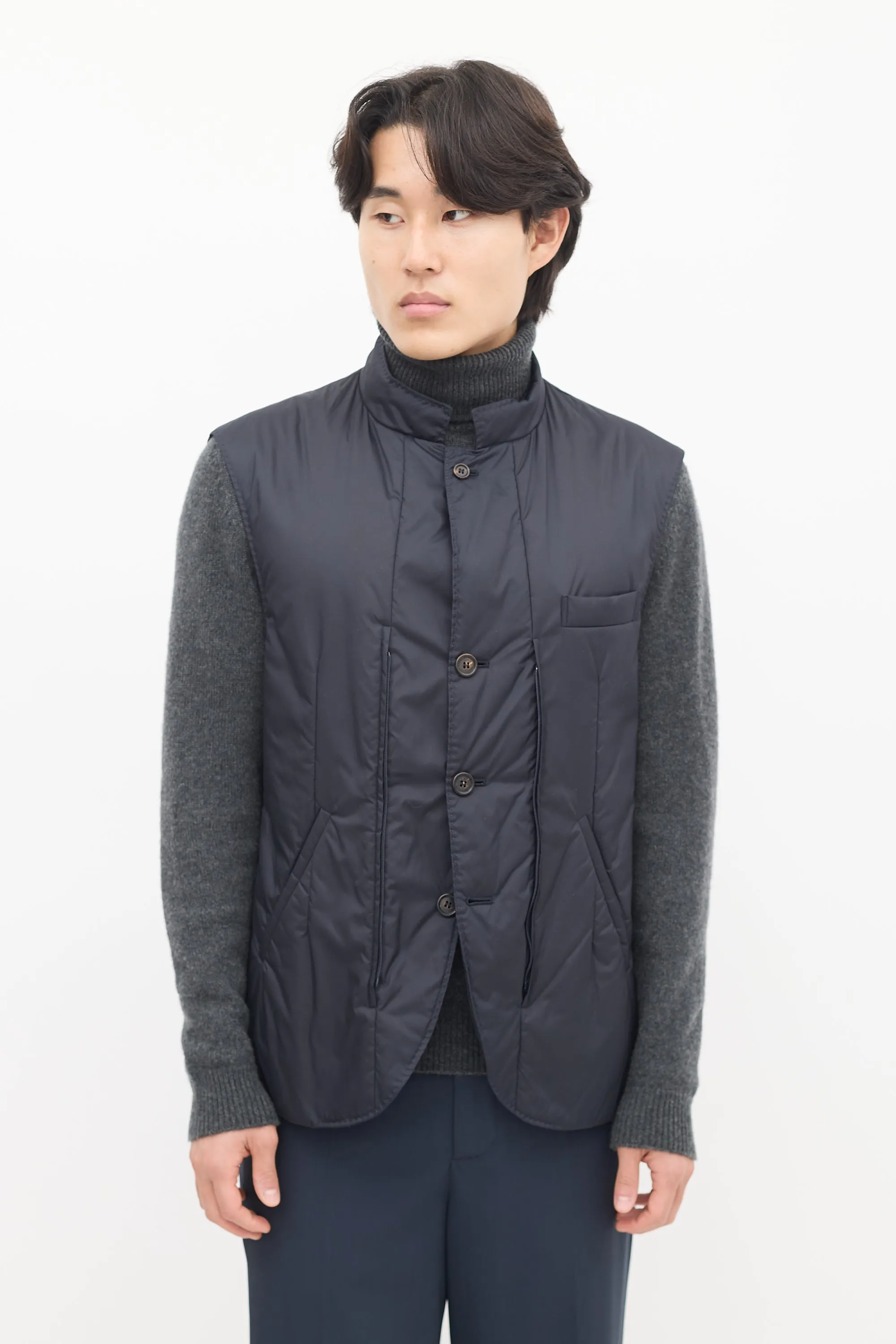 Grey & Navy Wool Detachable Vest Coat