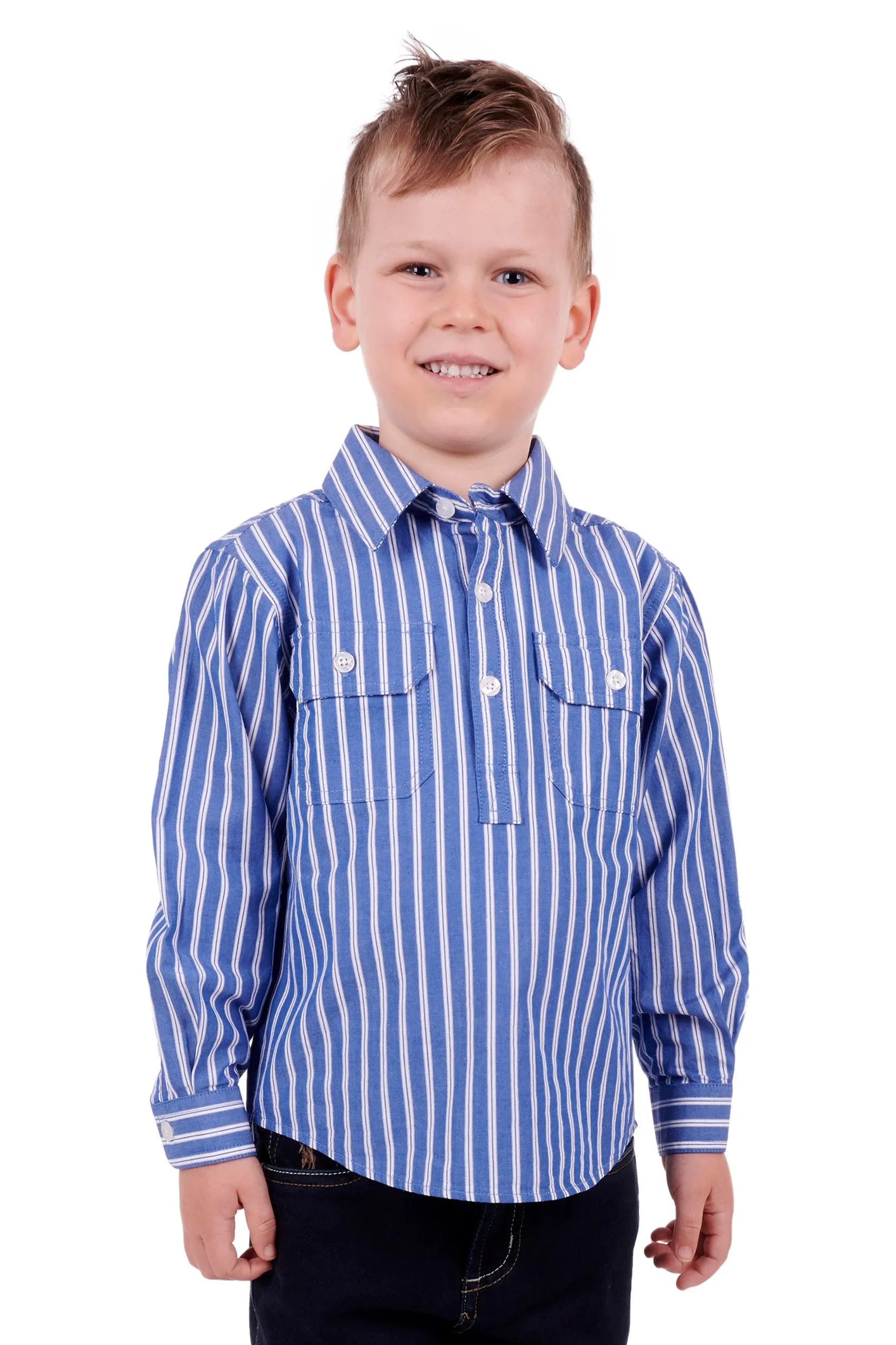 Hard Slog Kids Charlie Half Placket L/S Shirt - Blue/White - H3S7101183