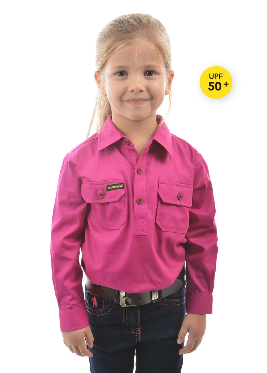 Hard Slog Kids Unisex Light Cotton Half Placket Shirt - Fuschia