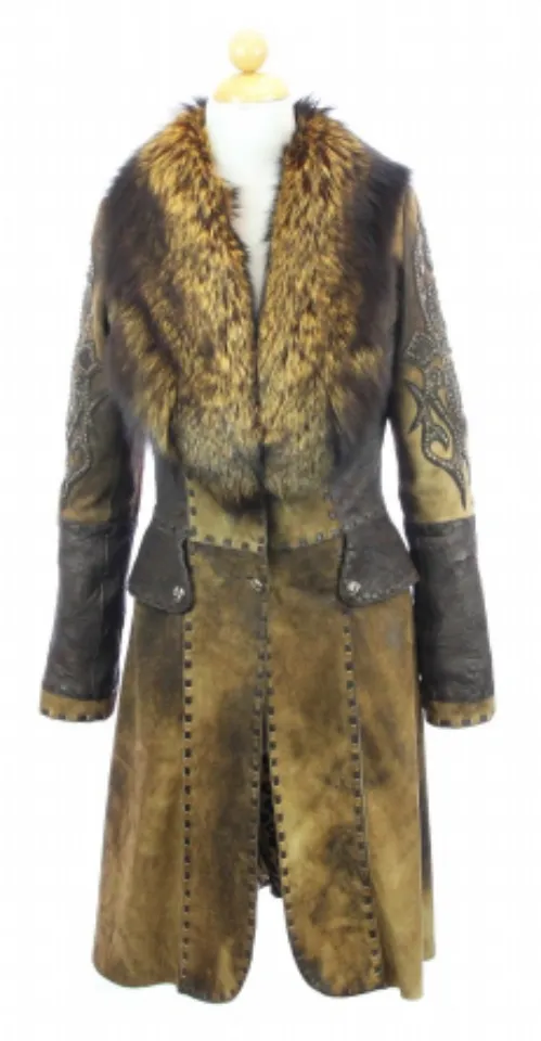 Hoss Couture Women's Natural Suede Fox Fur Swarovski Crystal Trench Coat