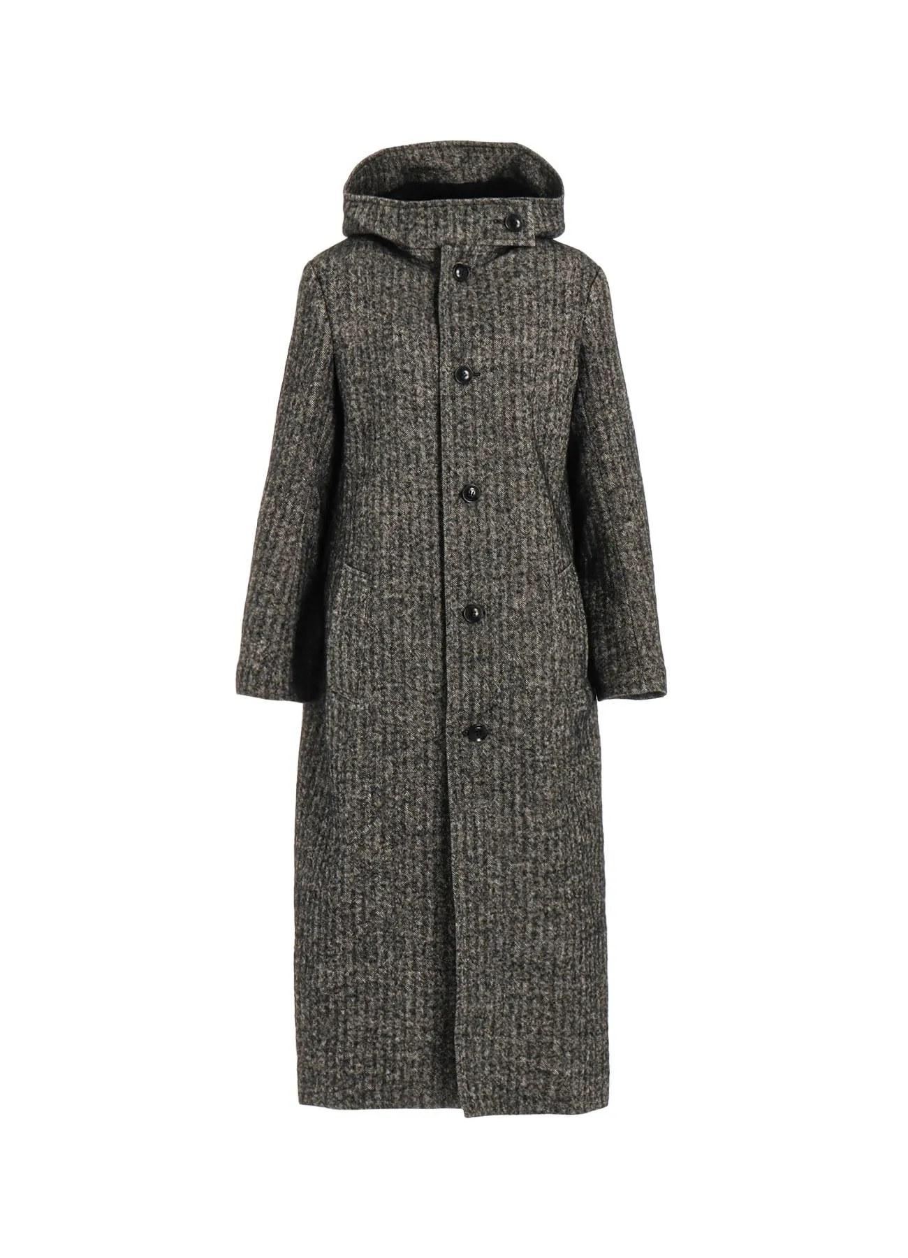 LINEN/WOOL RAISED HERRINGBONE LONG COAT WITH HOODIE