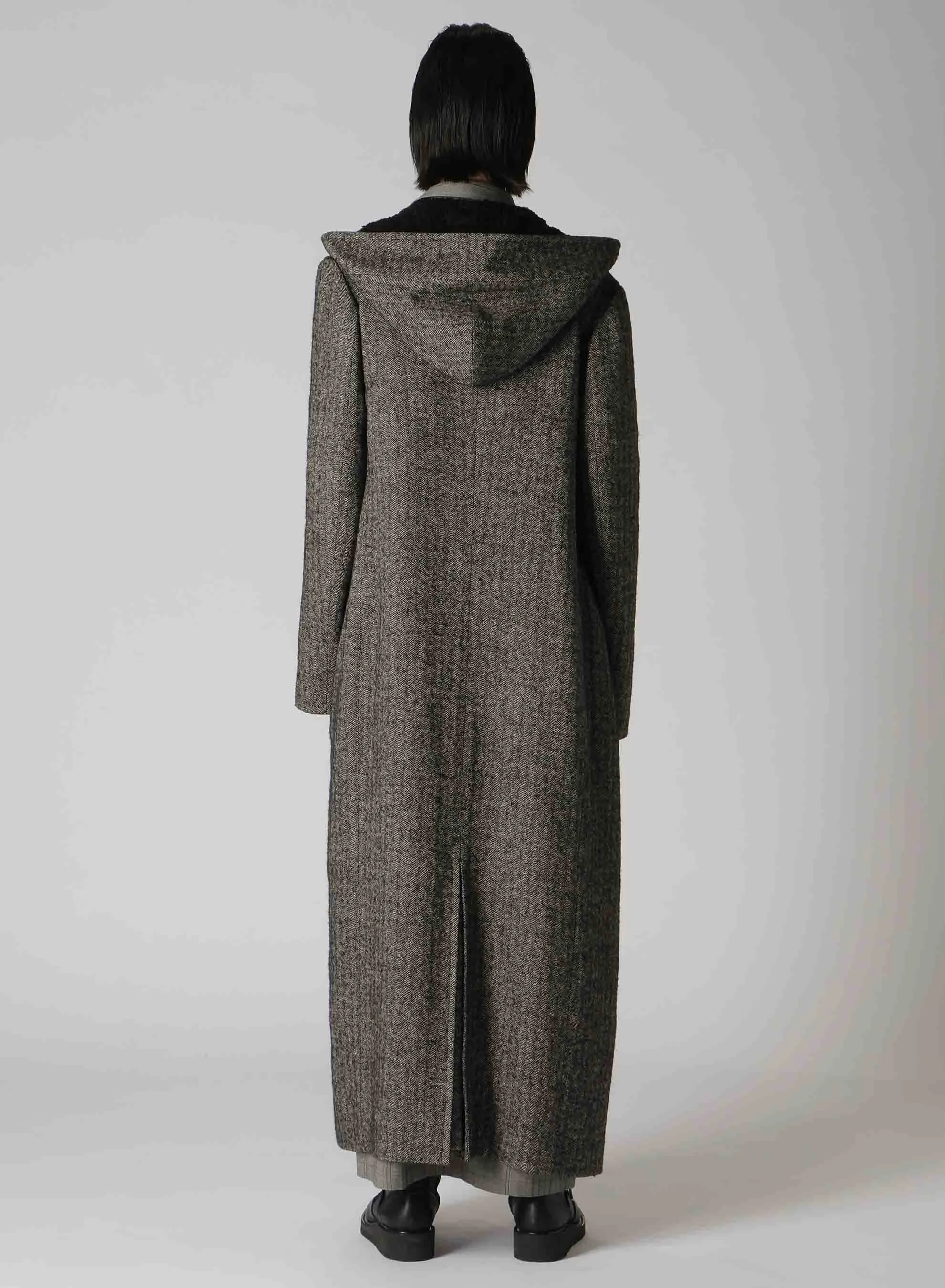 LINEN/WOOL RAISED HERRINGBONE LONG COAT WITH HOODIE