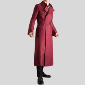 Men's Long Maroon Red Belted Genuine Wool Trench Coat