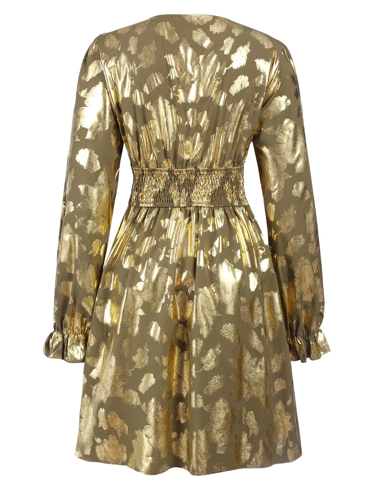 Metallic Gold 1960s Floral Deep V-Neck Cocktail Dress