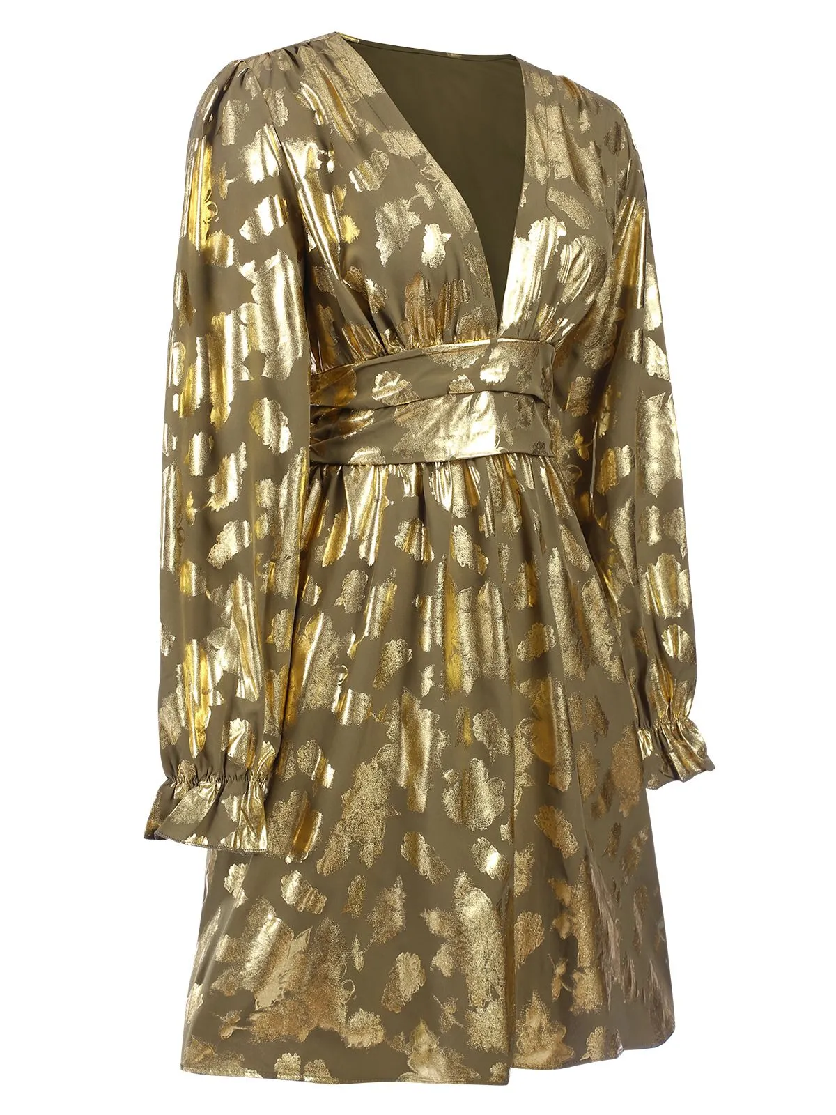 Metallic Gold 1960s Floral Deep V-Neck Cocktail Dress