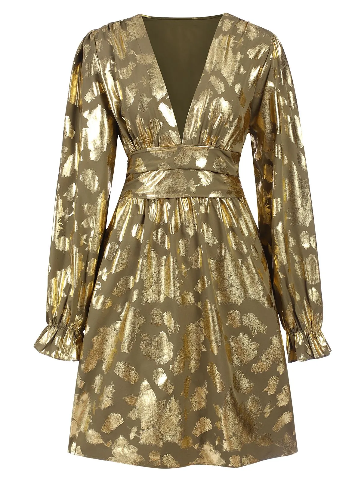 Metallic Gold 1960s Floral Deep V-Neck Cocktail Dress