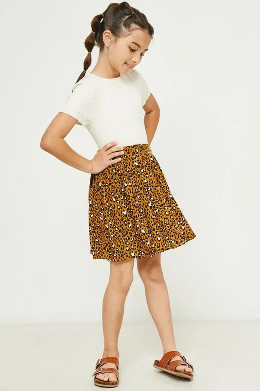 Mustard Girls Leopard Pleated Elastic Waist Pleated Skirt