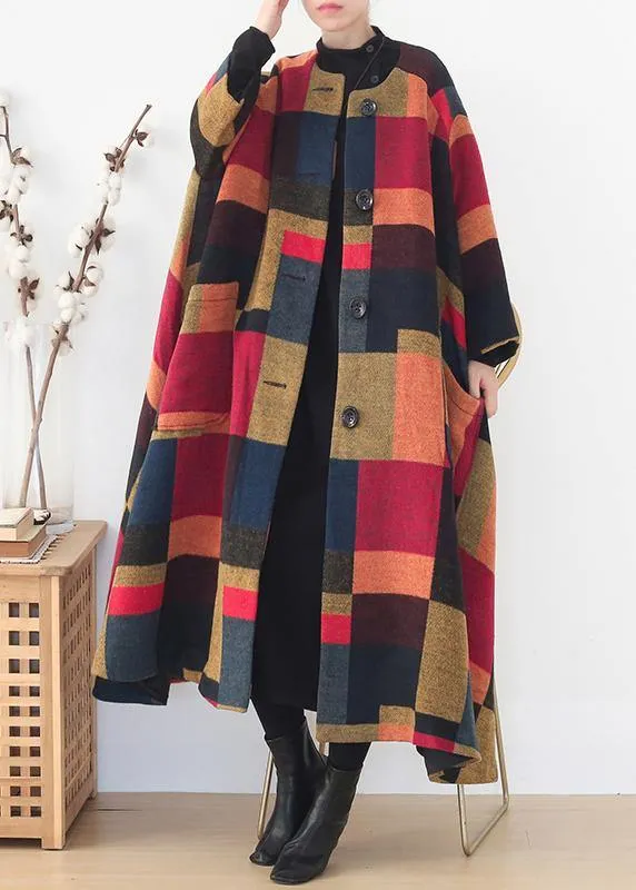 New plus size clothing trench coat  outwear yellow plaid o neck Extra large hem wool coat