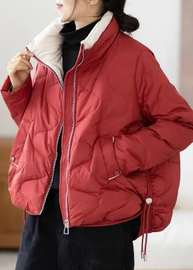 Plus Size Red Stand Collar Zip Up Drawstring Duck Down Down Jacket Winter