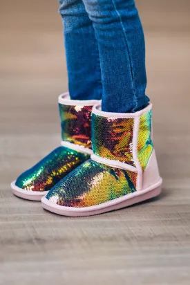 Rainbow Sequin Faux Fur Boots