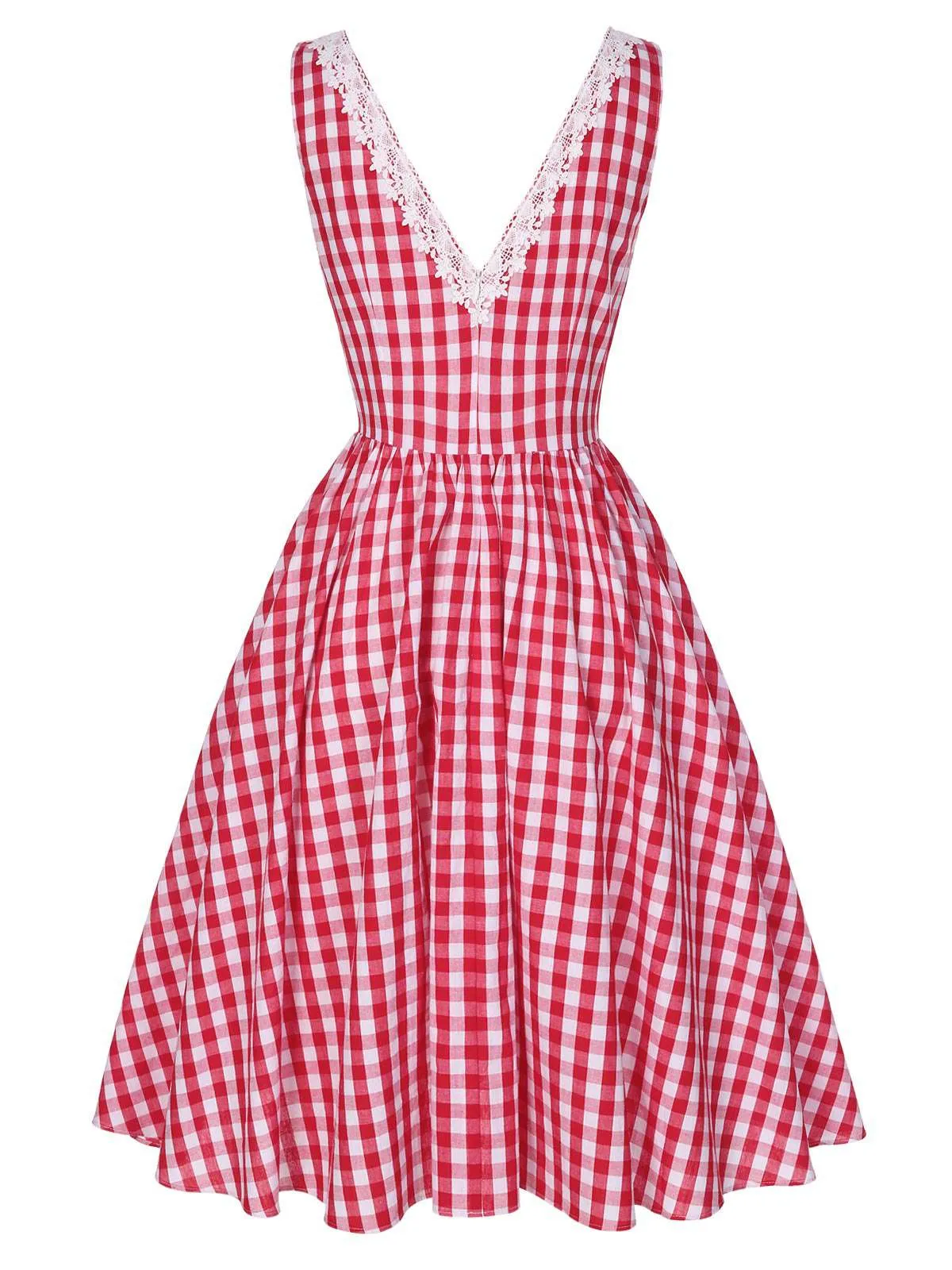 Red 1950s Lace V-Neck Plaid Dress