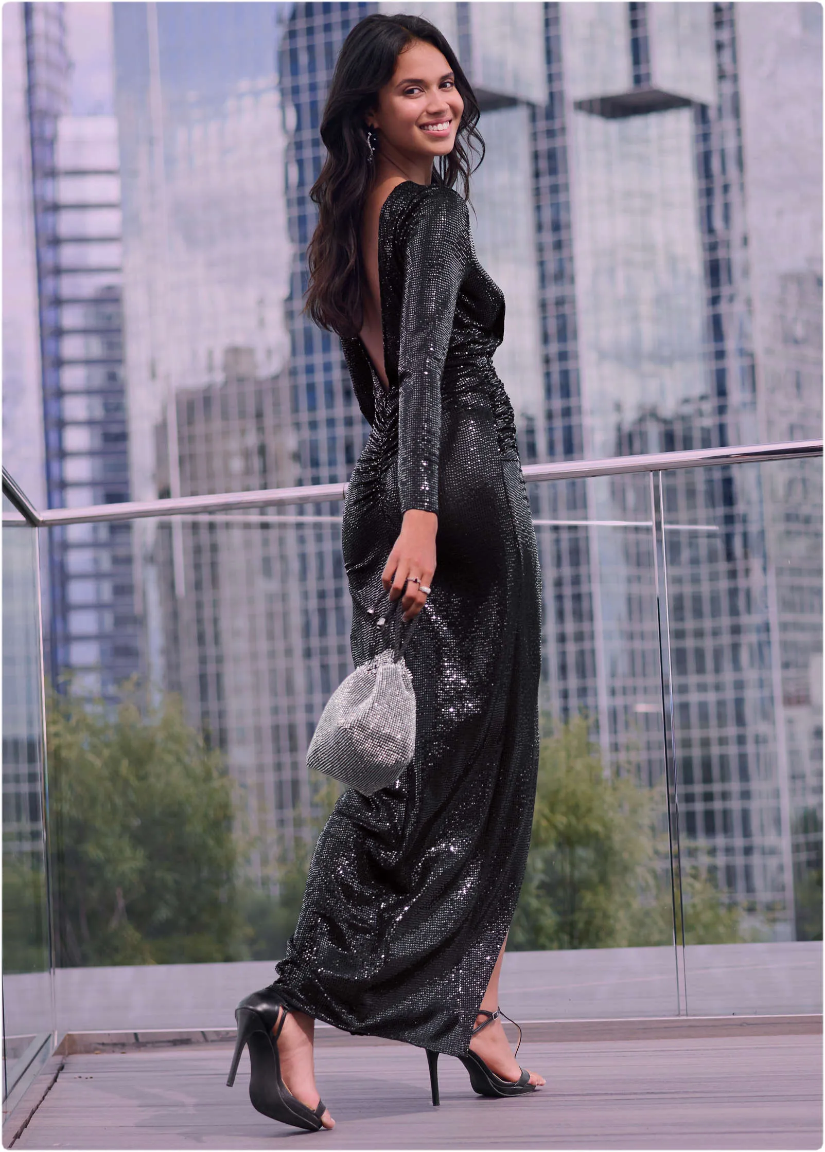 Sequin High-Slit Maxi Dress - Black