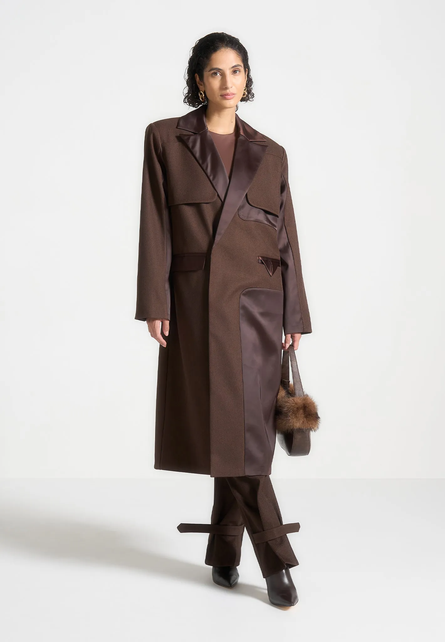 Tailored Satin Trench Coat - Brown