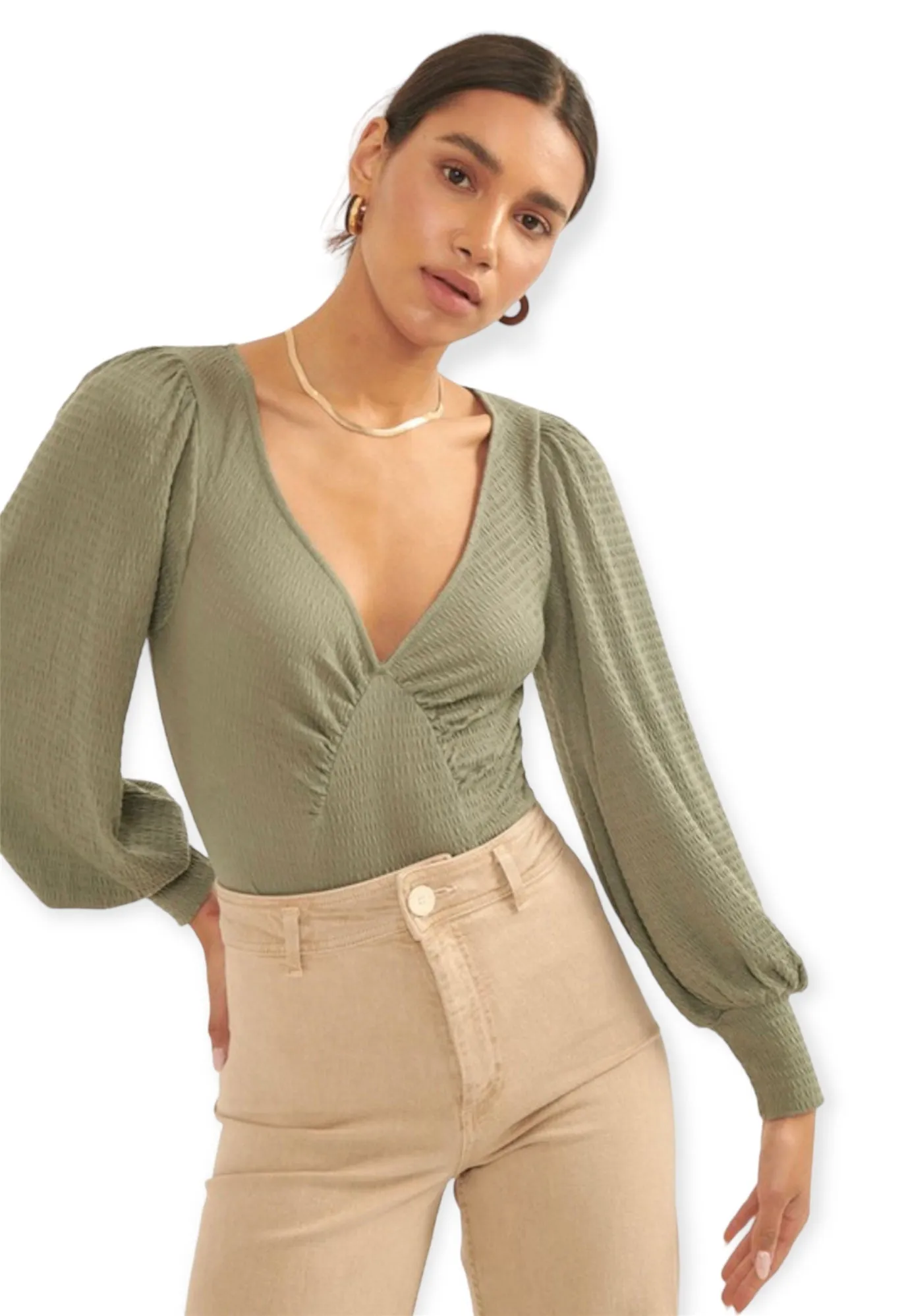 The Camilla Deep V Neck Long Sleeve Bodysuit- Green