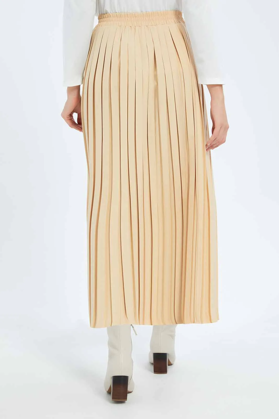 Women Beige Pleated Midi Skirt