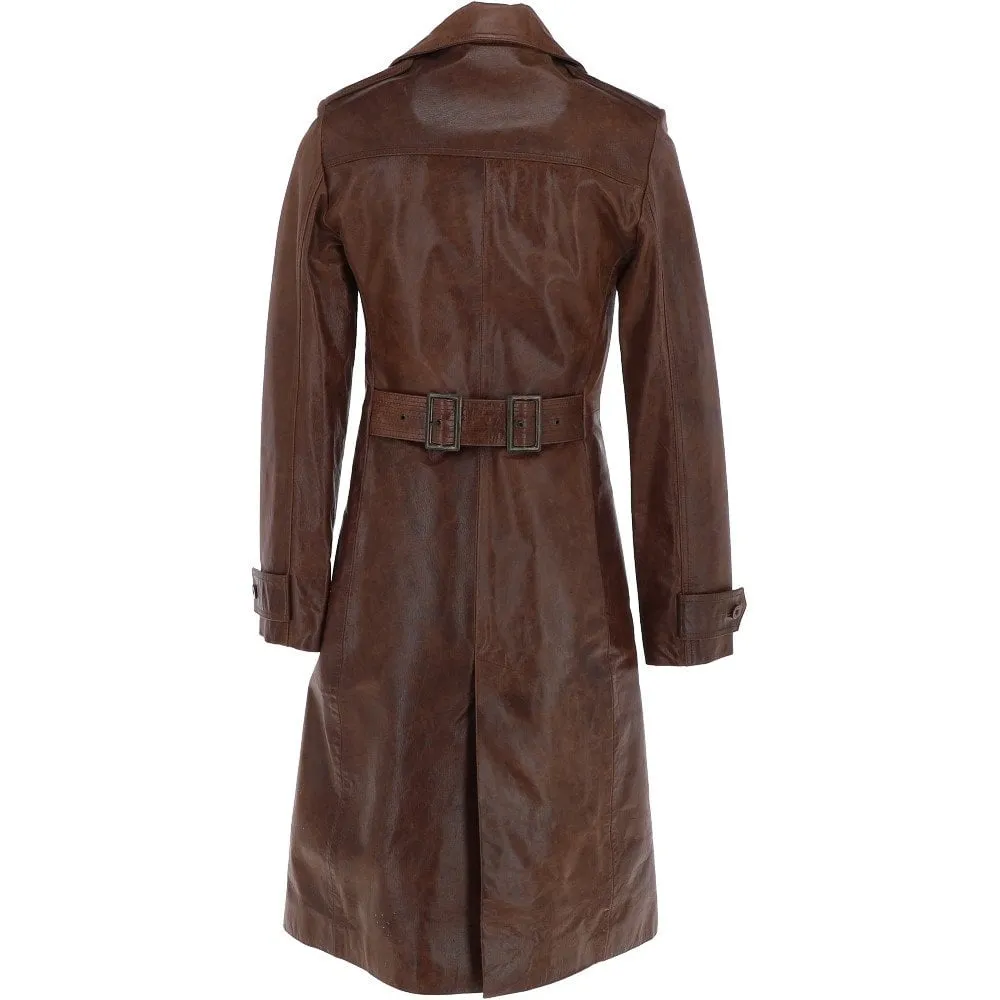 Women's 3-4 Double Breasted Mid Brown Leather Trench Long Overcoat