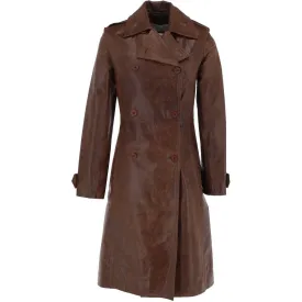 Women's 3-4 Double Breasted Mid Brown Leather Trench Long Overcoat