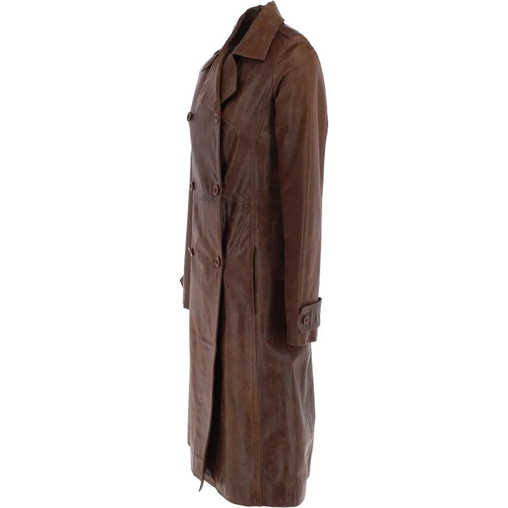 Women's 3-4 Double Breasted Mid Brown Leather Trench Long Overcoat