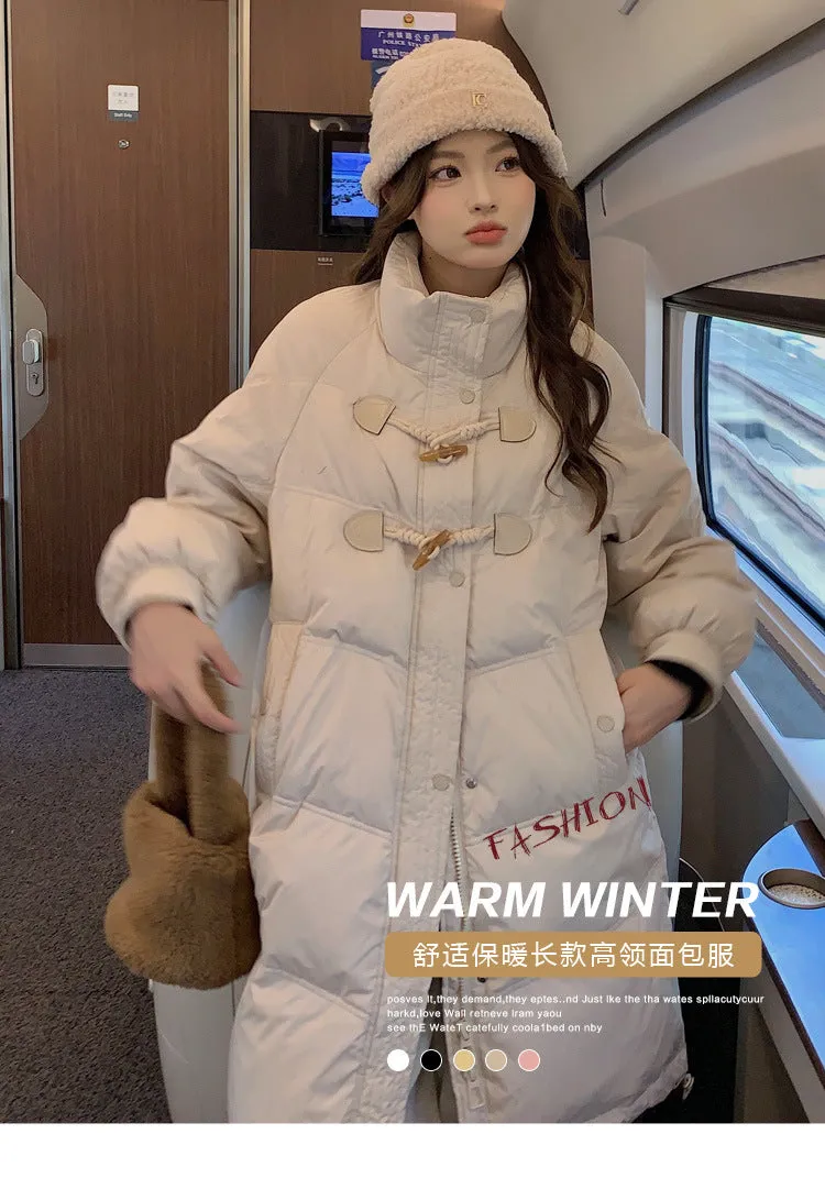 Women's cotton-padded clothes medium and long stand-up collar horn buckle Korean version casual loose knee-padded clothes long jackets thickened new cotton-padded jackets