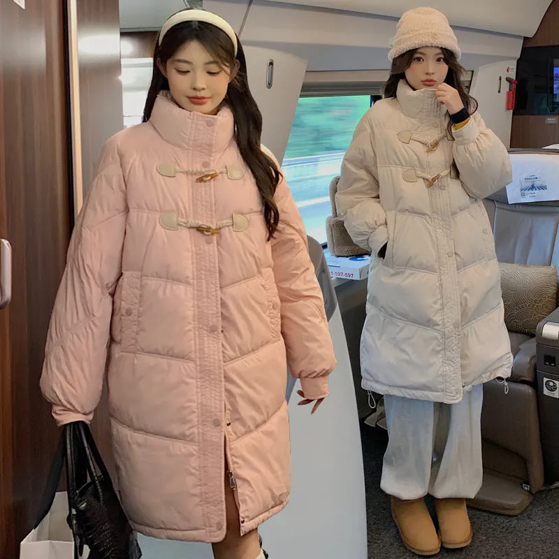 Women's cotton-padded clothes medium and long stand-up collar horn buckle Korean version casual loose knee-padded clothes long jackets thickened new cotton-padded jackets