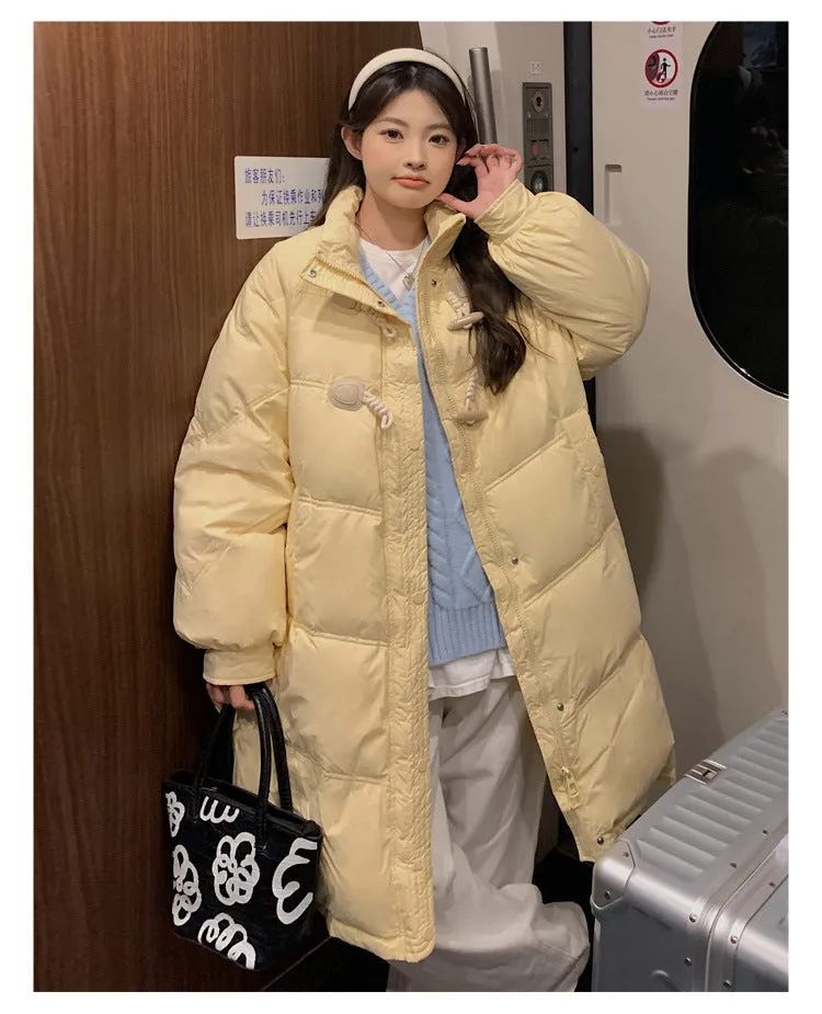 Women's cotton-padded clothes medium and long stand-up collar horn buckle Korean version casual loose knee-padded clothes long jackets thickened new cotton-padded jackets