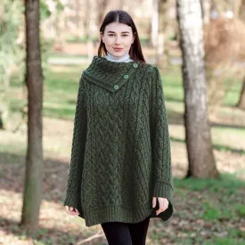 Women's Cowl Neck Button Poncho, Army Green