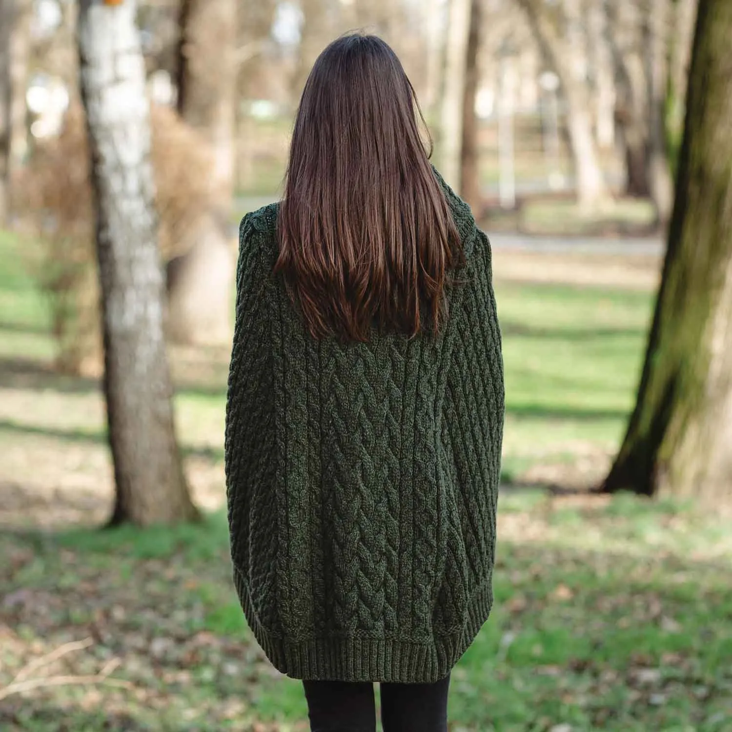 Women's Cowl Neck Button Poncho, Army Green