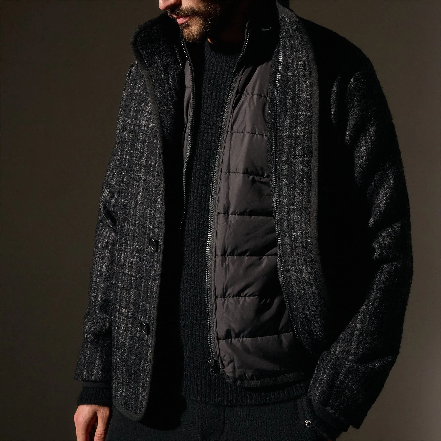 Wool Blend Plaid Car Coat - Black/Grey Plaid